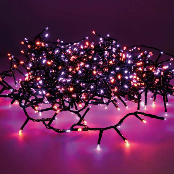 Guirnalda multifunción, uso exterior, led compact, morado y naranja, cable negro, 750 leds, 21 m
