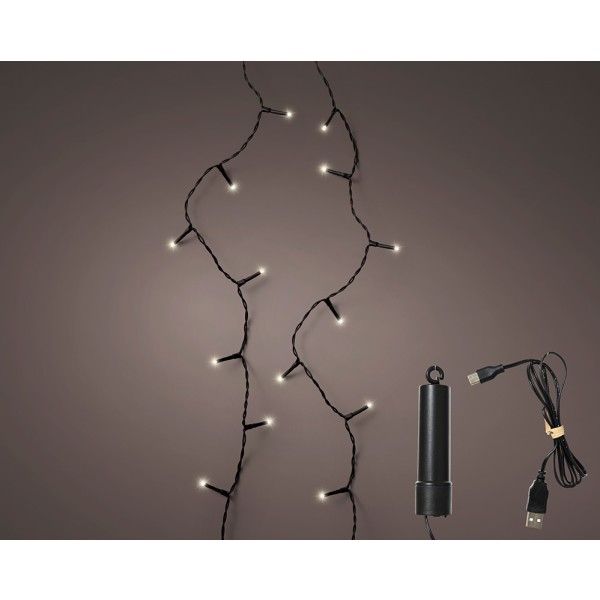 Guirnalda multifunción, uso exterior, recargable, luz cálida, cable negro, 100 leds, 7,4 m